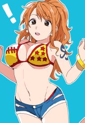 Rule 34 | !, 1girl, bare shoulders, bikini, bikini top only, blue background, blue shorts, bracelet, breasts, brown eyes, chiya op, cleavage, commentary, cowboy shot, denim, denim shorts, earrings, hands up, high ponytail, highres, jewelry, large breasts, long hair, micro shorts, midriff, nami (one piece), navel, official alternate costume, official alternate hairstyle, one piece, open mouth, orange hair, pearl earrings, print bikini, shorts, shoulder tattoo, solo, star (symbol), star print, surprised, swept bangs, swimsuit, tattoo, teeth, torn clothes, torn shorts, upper teeth only, yellow bikini