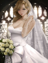 Rule 34 | 1girl, azur lane, blonde hair, blue eyes, blue gemstone, blurry, blurry background, bouquet, breasts, bridal gauntlets, bridal veil, bride, cleavage, dress, earrings, flower, gem, hair over shoulder, highres, holding, holding bouquet, hood (azur lane), hood (rosey love poem) (azur lane), indoors, jewelry, large breasts, long hair, looking at viewer, necklace, official alternate costume, pearl necklace, rose, see-through, signature, solo, veil, wedding, wedding dress, wei (promise 0820), white flower, white rose