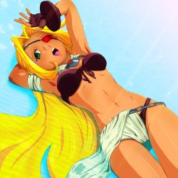 Rule 34 | 1girl, :o, arm behind head, armband, armpits, arms up, bikini, blonde hair, bracer, breasts, chain, cleavage, cowboy shot, dark skin, dark-skinned female, dutch angle, eyepatch, fingerless gloves, from above, front-tie bikini top, front-tie top, gloves, green eyes, hair spread out, light rays, long hair, lying, navel, on back, open mouth, outdoors, partially submerged, pelvic curtain, purple bikini, solo, sunbeam, sunlight, swimsuit, thigh gap, thousand arms, very long hair, water, wyna grapple