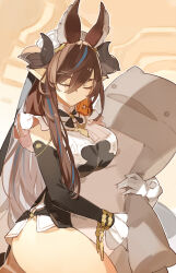 Rule 34 | 1girl, animal ears, bare legs, blue hair, breasts, brown background, brown hair, closed eyes, commentary request, cowboy shot, cyenmi3, detached sleeves, galleon (granblue fantasy), gloves, granblue fantasy, highres, horns, hugging object, large breasts, long sleeves, looking down, maid headdress, multicolored hair, pillow, pillow hug, solo, streaked hair, white gloves