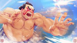 Rule 34 | 1boy, bara, belly, black hair, edmond honda, heyjay, highres, incoming attack, large hands, large pectorals, male focus, motion blur, muscular, muscular male, nipples, open mouth, outstretched arm, pectorals, solo, street fighter, strongman waist, sumo, thick eyebrows, topless male