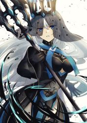Rule 34 | 1girl, absurdres, black gloves, blue eyes, breasts, cowboy shot, crown, fate/grand order, fate (series), gloves, grey hair, highres, large breasts, long hair, looking at viewer, morgan le fay (fate), morgan le fay (queen of winter) (fate), one heart1201, parted lips, polearm, solo, veil, very long hair, weapon, white background