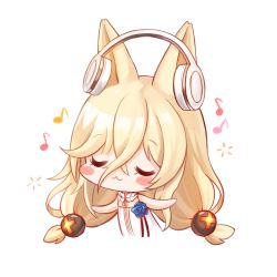 Rule 34 | 1girl, :3, animal ears, bad id, bad pixiv id, bare arms, bare shoulders, big head, blonde hair, blue flower, blue rose, blush stickers, chibi, closed eyes, closed mouth, commentary request, cropped torso, dress, eighth note, flower, g41 (girls&#039; frontline), girls&#039; frontline, hair between eyes, hair ornament, headphones, highres, honyang, long hair, musical note, rose, simple background, sleeveless, sleeveless dress, solo, upper body, very long hair, white background, white dress
