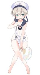 Rule 34 | 10s, 1girl, alternate costume, aqua eyes, bare legs, barefoot, blonde hair, blush, clothes writing, dodoria367, dress, full body, hand fan, hat, highres, hot, kantai collection, paper fan, sailor dress, short hair, simple background, solo, sweat, uchiwa, white background, white hat, z1 leberecht maass (kancolle)