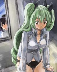 Rule 34 | 10s, 2girls, anchovy (girls und panzer), black hair, black panties, blouse, blush, breasts, brown eyes, cleavage, collared shirt, dress shirt, girls und panzer, green hair, hair ribbon, indoors, large breasts, long hair, multiple girls, open mouth, panties, peeking out, pepperoni (girls und panzer), ribbon, shirt, steam, sweat, twintails, underwear, undressing, very long hair, white shirt, yohane