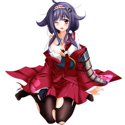 Rule 34 | 10s, 1girl, adosan, armor, breasts, broken armor, cleavage, gloves, hair ornament, hairband, japanese clothes, jewelry, kantai collection, large breasts, long hair, messy hair, mikuri ouda, necklace, one eye closed, open mouth, pantyhose, purple hair, red eyes, ryuuhou (kancolle), sitting, solo, taigei (kancolle), torn clothes, torn pantyhose