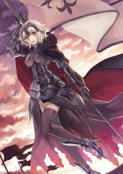 Rule 34 | 1girl, ahoge, armor, armored boots, armored dress, black thighhighs, boots, cape, commentary request, dutch angle, fate/grand order, fate (series), flag, fur, gauntlets, headpiece, jeanne d&#039;arc (fate), jeanne d&#039;arc alter (avenger) (fate), jeanne d&#039;arc alter (avenger) (first ascension) (fate), jeanne d&#039;arc alter (fate), looking at viewer, miyakure, parted lips, revision, short hair, smile, solo, thighhighs, white hair, yellow eyes