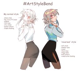 Rule 34 | 1girl, art shift, bad id, bad twitter id, black skirt, blush, brown pantyhose, closed mouth, commentary, cropped legs, english commentary, english text, grey hair, grey skirt, hashtag, long sleeves, looking at viewer, multiple views, original, pantyhose, parted lips, pencil skirt, red eyes, shirt, skirt, tsu (lovesick1964), two (tsu (lovesick1964)), white background, white shirt