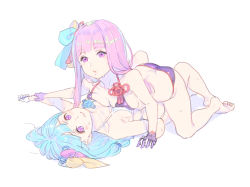 Rule 34 | 2girls, ass, bare shoulders, barefoot, bikini, blue hair, blunt bangs, blush, breast press, breasts, closed mouth, commentary request, enkyo yuuichirou, full body, gloves, hair ribbon, halterneck, highres, interlocked fingers, kotonoha akane, kotonoha aoi, lips, long hair, looking at viewer, lying, medium breasts, multiple girls, on back, open mouth, pink hair, purple bikini, purple eyes, purple gloves, ribbon, siblings, simple background, sisters, sketch, string bikini, sweat, swimsuit, symmetrical docking, voiceroid, white background, white bikini, white gloves