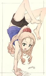 Rule 34 | 1girl, ass, bad id, bad twitter id, barefoot, black shorts, blonde hair, curly hair, feet, flexible, forehead, girls und panzer, green eyes, handstand, highres, legs, legs up, long hair, marie (girls und panzer), open mouth, ponytail, purple tank top, scrunchie, short shorts, shorts, simple background, sketch, smile, solo, spread toes, tank top, toes, upside-down, white background