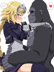 Rule 34 | 1boy, 1girl, bestiality, black thighhighs, blonde hair, blue eyes, blush, breasts, clothed sex, covered erect nipples, fate/apocrypha, fate (series), girl on top, gorilla, heart, highres, implied sex, interspecies, jeanne d&#039;arc (fate), jeanne d&#039;arc (ruler) (fate), kani club, large breasts, ponytail, simple background, smile, sweat, thighhighs, tiara, white background