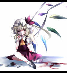 Rule 34 | 1girl, ascot, blonde hair, blood, female focus, finger to mouth, flandre scarlet, hat, hat ribbon, letterboxed, nekokyu, red eyes, ribbon, short hair, side ponytail, sitting, skirt, solo, touhou, wings