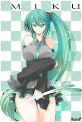 Rule 34 | 1girl, aqua eyes, bare shoulders, breast hold, breasts, female focus, food, green hair, haganef, hatsune miku, highres, huge breasts, long hair, miniskirt, nail polish, necktie, side ponytail, skirt, skirt set, solo, spring onion, standing, thighs, vocaloid