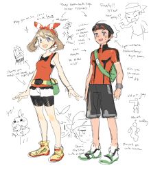 Rule 34 | 10s, 1boy, 1girl, :d, alternate costume, armpits, backpack, bag, belt, bike shorts, blue eyes, breasts, brendan (pokemon), brendan (pokemon oras), brown hair, character sheet, creatures (company), dated, english text, fanny pack, game freak, gen 3 pokemon, hair ribbon, happy, hat, heart, hip focus, looking at viewer, may (pokemon), may (pokemon oras), nintendo, open mouth, pokemon, pokemon (creature), pokemon oras, ribbon, shirt, sketch, sleeveless, sleeveless shirt, small breasts, smile, solo focus, sparkle, tan, teeth, tongue, torchic, weee (raemz), wristband