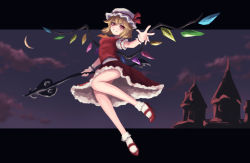 Rule 34 | 1girl, absurdres, ascot, blonde hair, bobby socks, breasts, cloud, cloudy sky, crescent moon, flandre scarlet, full body, greentale (fegdgn), hat, hat ribbon, head tilt, high heels, highres, holding, holding polearm, holding weapon, laevatein (touhou), letterboxed, looking at viewer, mary janes, medium hair, mob cap, moon, multicolored wings, open mouth, orange ascot, outdoors, outstretched arm, polearm, red footwear, red ribbon, red skirt, red vest, ribbon, shirt, shoes, short sleeves, skirt, skirt set, sky, small breasts, socks, solo, teeth, touhou, v-shaped eyebrows, vest, weapon, white hat, white shirt, white socks, wings, wrist cuffs