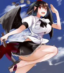 Rule 34 | 1girl, arm up, bare legs, black bow, black bowtie, black hair, black skirt, black wings, blue sky, blush, bow, bowtie, breasts, buttons, cloud, collared shirt, day, dress shirt, flying, frilled skirt, frills, geta, hand fan, hat, hizagawa rau, holding, holding fan, large breasts, leg up, legs, miniskirt, no socks, pointy ears, pom pom (clothes), puffy short sleeves, puffy sleeves, red eyes, red hat, round teeth, salute, shameimaru aya, shirt, short hair, short sleeves, skirt, sky, solo, tareme, teeth, thighs, tokin hat, touhou, white shirt, wing collar, wings