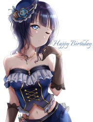 Rule 34 | 1girl, ;), aqua flower, artist name, artist request, asaka karin, bare shoulders, black gloves, blue corset, blue dress, blue eyes, blue feathers, blue flower, blue hair, blue hat, blue skirt, blush, bow, bracelet, breasts, cleavage, collarbone, corset, cross-laced clothes, cross-laced dress, dark blue hair, dress, elbow gloves, feather hair ornament, feathers, female focus, flower, frilled dress, frilled skirt, frills, gloves, hair ornament, hair over shoulder, hairclip, hairpin, hat, hat flower, highres, jewelry, lace, lace-trimmed gloves, lace trim, looking at viewer, love live!, love live! nijigasaki high school idol club, love live! school idol festival, medium breasts, medium hair, mini hat, miniskirt, mole, mole on body, mole on breast, navel, necklace, one eye closed, parted lips, pearl bracelet, plaid, plaid dress, plaid skirt, playing with own hair, pleated, pleated dress, pleated skirt, purple bow, short hair, skirt, sleeveless, sleeveless dress, smile, solo, starlight (love live!), strapless, strapless dress, suspenders, white background