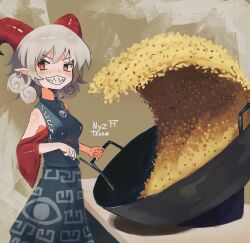 Rule 34 | 1girl, absurdres, artist name, bare shoulders, blue shirt, blue skirt, blush, breasts, commentary, cowboy shot, curly hair, earrings, english commentary, eye print, food, fried rice, grey hair, grin, highres, horizontal pupils, horns, jewelry, looking at viewer, meandros, meme, nyztsune, pointy ears, print skirt, rectangular pupils, red eyes, red horns, red sleeves, fried rice prank (meme), sharp teeth, sheep horns, shirt, short hair, skirt, skirt set, small breasts, smile, solo, teeth, touhou, toutetsu yuuma, v-shaped eyebrows, wok