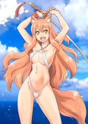 Rule 34 | 10s, 1girl, animal ear fluff, animal ears, armpits, arms up, bad id, bad pixiv id, bare shoulders, bikini, breasts, cleavage, covered erect nipples, fate/extra, fate/extra ccc, fate/extra ccc fox tail, fate/grand order, fate (series), fox ears, fox tail, highres, holding, holding sword, holding weapon, katana, long hair, looking at viewer, medium breasts, navel, open mouth, orange hair, partially visible vulva, smile, solo, standing, suzuka gozen (fate), swimsuit, sword, tail, weapon, white bikini, yellow eyes