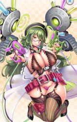 Rule 34 | 1girl, ahoge, animated, animated gif, artist request, beaker, belt, bra, breasts, choker, clara (project qt), cleavage, garter belt, garter straps, gears, glasses, green eyes, green hair, gun, heart, heart maebari, high heels, highres, holding, holding gun, holding weapon, kneeling, lab coat, large breasts, maebari, name tag, navel, nipples, project qt, see-through, solo, thick thighs, thighhighs, thighs, third-party source, underwear, utility belt, weapon