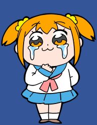 Rule 34 | 10s, 1girl, :3, bkub, blue background, blue collar, blue skirt, brown footwear, clenched hand, collar, crying, crying with eyes open, full body, hair ornament, hair scrunchie, hand on own chest, highres, neckerchief, orange eyes, orange hair, poptepipic, popuko, red neckerchief, sailor collar, school uniform, scrunchie, serafuku, shirt, shoes, short hair, short twintails, simple background, skirt, solo, tears, twintails, two side up, white shirt, yellow scrunchie