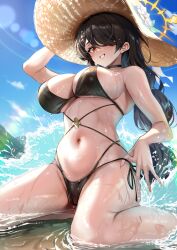 Rule 34 | 1girl, bikini, black bikini, black hair, blue archive, blue sky, breasts, cloud, day, grin, hair over one eye, halo, hat, highres, hinata (blue archive), hinata (swimsuit) (blue archive), kneeling, large breasts, long hair, looking at viewer, navel, outdoors, parted lips, red eyes, sky, smile, solo, stone (ksorede), straw hat, sun hat, swimsuit, thighs, very long hair, water, wet
