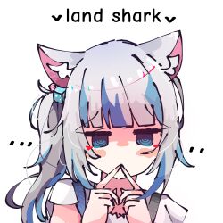 Rule 34 | ..., 1girl, animal ear fluff, animal ears, arrow (symbol), blue eyes, blue hair, blunt bangs, blush stickers, cat ears, commentary, covering own mouth, cube hair ornament, english commentary, english text, gawr gura, gawr gura (casual), grey hair, hair ornament, hands up, highres, hololive, hololive english, index fingers together, jitome, kemonomimi mode, koyoinacho, long hair, looking at viewer, multicolored hair, official alternate costume, official alternate hairstyle, portrait, ringed eyes, shaded face, shark girl, shirt, short sleeves, side ponytail, sidelocks, simple background, solo, straight-on, streaked hair, virtual youtuber, white background, white shirt