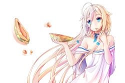 Rule 34 | 1girl, ahoge, aqua eyes, bare shoulders, blonde hair, blue ribbon, braid, breasts, cleavage, closed mouth, collarbone, dress, dying0414, eating, food, fruit, hair between eyes, hair flaps, hands up, holding, holding food, holding fruit, holding spoon, ia (vocaloid), long hair, looking to the side, medium breasts, neck ribbon, papaya, ribbon, simple background, smile, solo, spoon, very long hair, vocaloid, white background, white dress