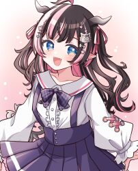 Rule 34 | 1girl, absurdres, ahoge, black hair, blush, bow, bowtie, buttons, center frills, commentary request, cowboy shot, demon girl, demon horns, earrings, frills, grey horns, hair ribbon, highres, horns, jewelry, kino haruc, long hair, long sleeves, looking at viewer, medium bangs, multicolored hair, nanashi inc., oinomori may, oinomori may (2nd costume), open mouth, pink background, pink hair, pink ribbon, plaid, plaid bow, plaid bowtie, pointy ears, purple bow, purple bowtie, purple skirt, ribbon, shirt, skirt, smile, solo, suspender skirt, suspenders, two-tone hair, two side up, virtual youtuber, white shirt