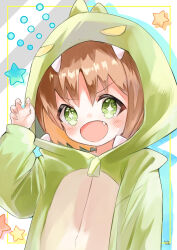 Rule 34 | + +, 1girl, :d, absurdres, artist name, brown hair, child, claw pose, colored inner hair, commentary, dinosaur costume, fang, green eyes, hair between eyes, hand up, highres, hood, hood up, light blush, long sleeves, mochi 49, multicolored hair, oka asahi, onii-chan wa oshimai!, open mouth, orange hair, short hair, smile, solo, star (symbol), two-tone hair, zipper pull tab
