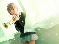 Rule 34 | 1girl, bad id, bad pixiv id, beamed quavers, black sweater, blush, brown eyes, brown hair, collar, colored skin, commentary request, cowboy shot, curtains, day, fingernails, holding, holding instrument, indoors, instrument, long sleeves, looking at viewer, musical note, nail polish, nakamura hinata, original, pink nails, pleated skirt, quaver, short hair, skirt, solo, standing, sunlight, sweater, trumpet, white collar, white curtains, white skin, window, wing collar