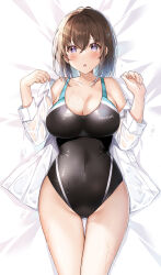 Rule 34 | 1girl, @ @, bare shoulders, blush, breasts, brown hair, cleavage, collarbone, collared shirt, competition swimsuit, covered navel, curvy, dakimakura (medium), dot nose, hair between eyes, hawawa-chan (shiro kuma shake), highres, large breasts, legs, legs together, long sleeves, looking at viewer, lying, median furrow, medium hair, multiple views, on back, on stomach, one-piece swimsuit, original, purple eyes, raised eyebrows, shiro kuma shake, shirt, sidelocks, swimsuit, thigh gap, toes, wavy mouth, wet, wet clothes, wet hair, wet shirt, white shirt, wide hips