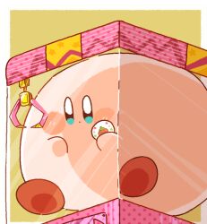 Rule 34 | blue eyes, blush, blush stickers, border, bright pupils, colored skin, commentary request, crane game, creature, dot mouth, holding, iroiro (1616k iro), kirby, kirby (series), nintendo, no humans, pink skin, simple background, solo, star (symbol), star print, white border, yellow background