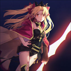 Rule 34 | 1girl, asymmetrical legwear, asymmetrical sleeves, black dress, black thighhighs, blonde hair, bow, breasts, brown cape, cape, closed mouth, dress, earrings, ereshkigal (fate), fate/grand order, fate (series), fingernails, hair between eyes, hair bow, hakusai (tiahszld), hand on own hip, holding, infinity symbol, jewelry, long hair, long sleeves, looking away, looking to the side, medium breasts, multicolored cape, multicolored clothes, nail polish, orange eyes, purple bow, purple cape, purple nails, single sleeve, single thighhigh, skull, smile, solo, spine, strapless, strapless dress, thighhighs, tiara, tohsaka rin, two side up, uneven legwear, uneven sleeves