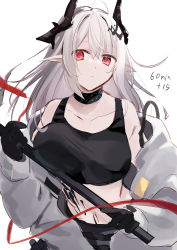 Rule 34 | 1girl, absurdres, arknights, bare shoulders, black gloves, closed mouth, crop top, demon girl, demon horns, elite ii (arknights), gloves, highres, holding, holding weapon, horns, infection monitor (arknights), long hair, material growth, matsuzaka (matsuzakagyu 29), mudrock (arknights), mudrock (elite ii) (arknights), oripathy lesion (arknights), pointy ears, red eyes, silver hair, solo, war hammer, weapon