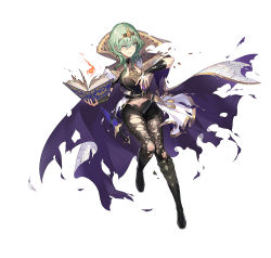 Rule 34 | 1girl, alternate hair color, breasts, byleth (female) (fire emblem), byleth (fire emblem), cape, clothing cutout, collar, collared cape, enlightened byleth (female), fire emblem, fire emblem: three houses, fire emblem heroes, green eyes, green hair, kakage, pantyhose under shorts, medium hair, navel, nintendo, official alternate costume, official art, pantyhose, shorts, simple background, solo, stomach cutout, tiara, torn clothes, white background