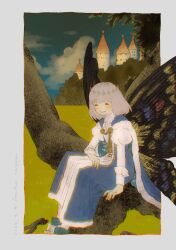 1boy absurdres arthropod_boy black_wings blue_cloak blue_dress border butterfly_wings cloak closed_eyes closed_mouth crown diamond_hairband dress fate/grand_order fate_(series) full_body fur-trimmed_cloak fur_trim grey_hair highres insect_wings long_sleeves looking_at_viewer male_focus medium_hair oberon_(fate) outdoors shieriru shirt sitting smile solo white_border white_shirt wings