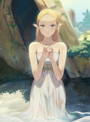 Rule 34 | 1girl, absurdres, bare shoulders, blonde hair, blue sky, bush, commentary, dress, grass, green eyes, highres, ice (ice aptx), interlocked fingers, looking at viewer, nintendo, outdoors, own hands together, partially submerged, pink lips, pointy ears, princess zelda, see-through, sky, solo, strapless, strapless dress, the legend of zelda, the legend of zelda: breath of the wild, water, wet, wet clothes, wet dress, white dress