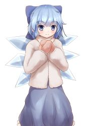 Rule 34 | 1girl, arms up, blue dress, blue eyes, blue hair, bow, brown mittens, cirno, coat, commentary request, cowboy shot, dress, earmuffs, fur coat, hair between eyes, hair bow, highres, light smile, looking at viewer, mittens, own hands together, petticoat, resa 7z (resastr), scarf, short hair, simple background, solo, standing, touhou, white background, white coat, wings, winter clothes, winter coat
