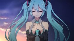 Rule 34 | 1girl, aqua hair, bare shoulders, black sleeves, blouse, blurry, blurry background, blush, cloud, cloudy sky, commentary, dark clouds, dark sky, detached sleeves, closed eyes, female focus, hair ornament, hatsune miku, light blush, light smile, long hair, matsuda toki, necktie, night, night sky, outdoors, shirt, sky, sleeveless, sleeveless shirt, solo, star (sky), star (symbol), starry sky, sunrise, twintails, upper body, very long hair, vocaloid