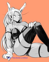 Rule 34 | 1girl, animal ears, armlet, ass, bare shoulders, boku no hero academia, breasts, closed mouth, commentary request, dark-skinned female, dark skin, gloves, greyscale, greyscale with colored background, hand on own knee, highres, large breasts, leotard, long eyelashes, long hair, looking to the side, mirko, monochrome, nstime23, orange background, playboy bunny, rabbit ears, rabbit girl, simple background, sitting, solo, thighhighs