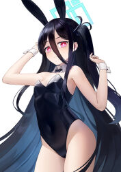 Rule 34 | &lt;key&gt; (blue archive), 1girl, animal ears, aris (blue archive), arm up, bare shoulders, black bow, black bowtie, black hair, black hairband, black leotard, blue archive, blush, bow, bowtie, breasts, closed mouth, collar, covered navel, detached collar, fake animal ears, gooak, groin, hair between eyes, hairband, halo, hand up, highres, leotard, looking at viewer, one side up, pink eyes, rabbit ears, small breasts, solo, strapless, strapless leotard, white collar, wing collar, wrist cuffs