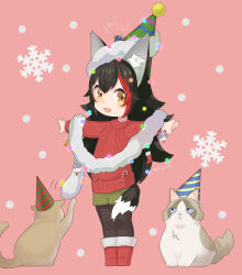 Rule 34 | 1boy, 1girl, :3, :d, absurdres, animal, animal ear fluff, animal ears, artist name, black hair, black pantyhose, blue eyes, boots, brown eyes, candy, candy cane, cat, cat ornament, chibi, christmas, christmas lights, commentary request, dot nose, food, full body, green shorts, hat, highres, hololive, legs together, looking at viewer, multicolored hair, null suke, ookami mio, open mouth, outstretched arms, pantyhose, party hat, pink background, red footwear, red hair, shorts, simple background, smile, snowflakes, snowing, solo, standing, tail, two-tone hair, virtual youtuber, wolf ears, wolf girl, wolf tail, yellow eyes