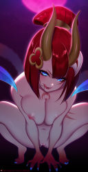 Rule 34 | 1girl, blood moon evelynn, blue eyes, blush, breasts, chest tattoo, cleft of venus, collarbone, completely nude, evelynn (league of legends), gradient background, hair ornament, highres, horns, large breasts, league of legends, licking lips, looking at viewer, mask, mask on head, nail polish, navel, nipples, nude, open mouth, pussy, red hair, short hair, smile, solo, squatting, tail, tattoo, thighs, tofuubear, tongue, tongue out, uncensored