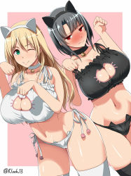 Rule 34 | 10s, 2girls, animal ears, atago (kancolle), bell, neck bell, neck bell, black bra, black hair, black panties, blonde hair, blush, bra, breasts, cat cutout, cat ear panties, cat ears, cat lingerie, choker, cleavage cutout, clothing cutout, collar, curvy, frilled bra, frills, highres, huge breasts, jingle bell, kantai collection, kloah, meme attire, multiple girls, navel, one eye closed, panties, paw pose, paw print, red eyes, side-tie panties, stomach, takao (kancolle), thighhighs, underwear, underwear only, white bra, wide hips, wink