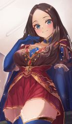 Rule 34 | 1girl, absurdres, blue eyes, blue gloves, blue thighhighs, blush, breasts, brown dress, brown hair, closed mouth, dress, elbow gloves, fate/grand order, fate (series), forehead, gloves, highres, huge filesize, jewelry, large breasts, leonardo da vinci (fate), long hair, looking at viewer, parted bangs, pleated skirt, puff and slash sleeves, puffy short sleeves, puffy sleeves, red skirt, short sleeves, skirt, smile, solo, thighhighs, thighs, you-6-11