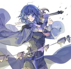 Rule 34 | 1girl, absurdres, armor, black armor, blue eyes, blue hair, breasts, brown pantyhose, bustier, byleth (female) (fire emblem), byleth (fire emblem), capelet, cloak, clothing cutout, dagger, fire emblem, fire emblem: three houses, floral print, hair between eyes, highres, knife, lace, lace-trimmed legwear, lace trim, narugrm, navel cutout, nintendo, pantyhose, pantyhose under shorts, patterned legwear, print pantyhose, purple theme, shorts, shoulder armor, solo, sword of the creator, tassel, turtleneck, waist cape, weapon, whip sword