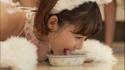 Rule 34 | 1girl, animal ears, asian, bowl, cat ears, chess piece, cum, licking, milk, pawn (chess), pet bowl, pet play, photo (medium), source request, tongue