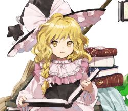 Rule 34 | 1girl, apron, black vest, blonde hair, book, bow, braid, broom, capelet, frilled capelet, frilled hat, frills, hat, hat bow, hat ornament, holding, holding book, kaigen 1025, kirisame marisa, long sleeves, open mouth, pink capelet, shirt, side braid, simple background, single braid, star (symbol), star hat ornament, touhou, vest, white apron, white background, white bow, white shirt, witch, witch hat, yellow eyes