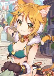 Rule 34 | 1girl, :3, animal ear fluff, animal ears, animal hands, bell, belt, bikini, blonde hair, blush, bra, breasts, cat ears, cat paws, cat tail, city, claws, cleavage, closed mouth, clothes grab, collar, commentary request, day, earmuffs, earrings, fang, front-tie top, fur-trimmed gloves, fur collar, fur trim, gloves, green bikini, hair ornament, hairclip, highleg, highleg bikini, highres, hiyori (princess connect!), jewelry, ken pyatsu, looking at viewer, medium breasts, neck bell, open clothes, outdoors, paw gloves, princess connect!, short hair, sidelocks, skin fang, sleeve grab, smile, solo, swimsuit, tail, underwear, yellow eyes